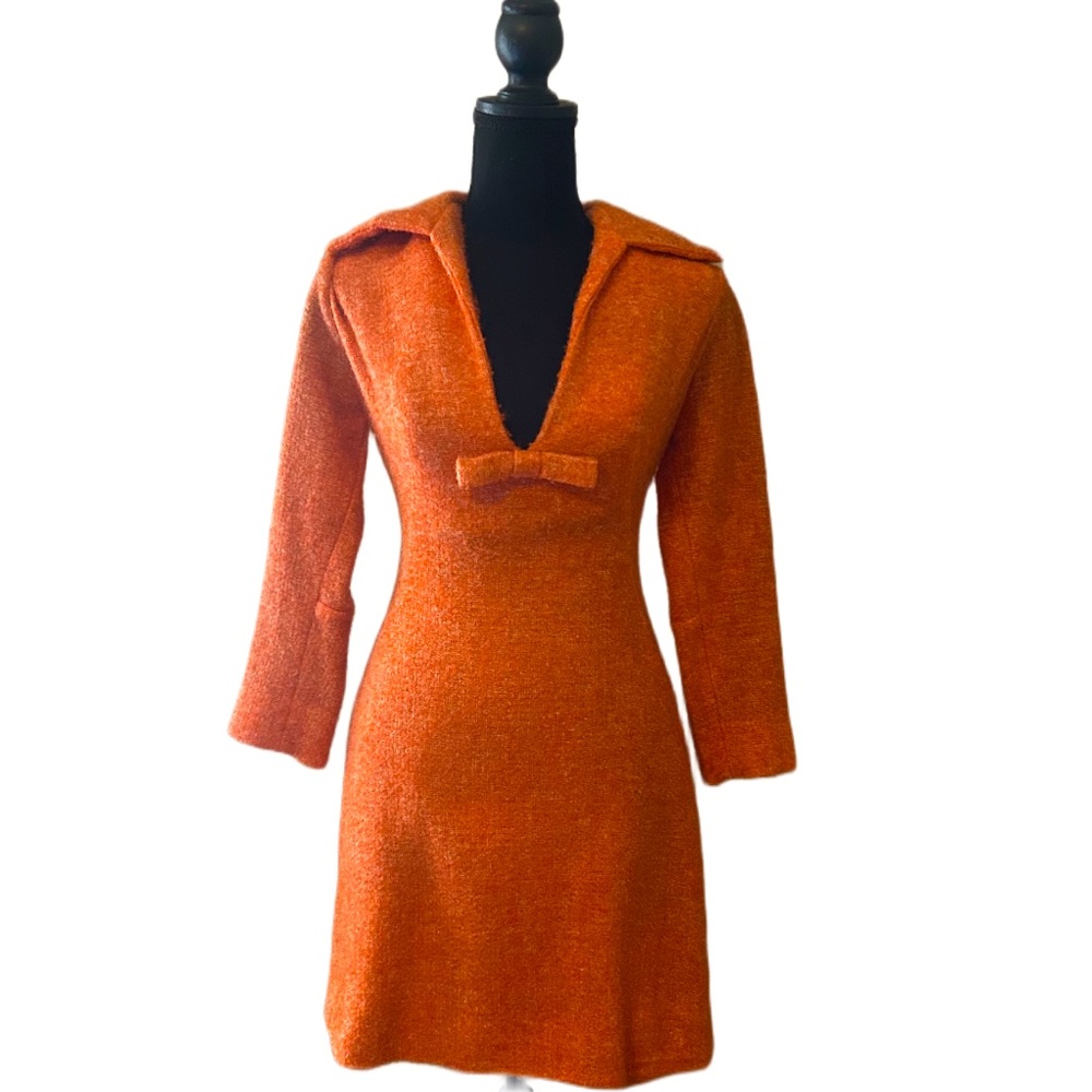 1960s Vintage Orange Tweed Bow Dress With removable mock neck insert